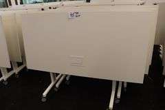 Times 4 - Senator Array 30" x 60" portable white laminate flip top tables with electrical plug ins - 1 power cord runs 4 stations in series