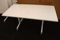 Times 4 - Senator Array 30" x 60" portable white laminate flip top tables with electrical plug ins - 1 power cord runs 4 stations in series