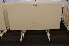 Times 4 - Senator Array 30" x 60" portable white laminate flip top tables with electrical plug ins - 1 power cord runs 4 stations in series