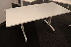 Times 4 - Senator Array 30" x 60" portable white laminate flip top tables with electrical plug ins - 1 power cord runs 4 stations in series