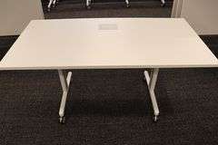 Times 4 - Senator Array 30" x 60" portable white laminate flip top tables with electrical plug ins - 1 power cord runs 4 stations in series