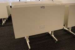 Times 4 - Senator Array 30" x 60" portable white laminate flip top tables with electrical plug ins - 1 power cord runs 4 stations in series