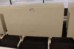 Times 4 - Senator Array 30" x 60" portable white laminate flip top tables with electrical plug ins - 1 power cord runs 4 stations in series