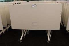 Times 4 - Senator Array 30" x 60" portable white laminate flip top tables with electrical plug ins - 1 power cord runs 4 stations in series