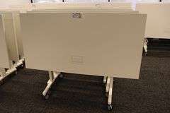 Times 4 - Senator Array 30" x 60" portable white laminate flip top tables with electrical plug ins - 1 power cord runs 4 stations in series
