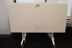 Times 4 - Senator Array 30" x 60" portable white laminate flip top tables with electrical plug ins - 1 power cord runs 4 stations in series