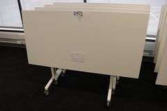 Times 4 - Senator Array 30" x 60" portable white laminate flip top tables with electrical plug ins - 1 power cord runs 4 stations in series