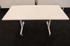 Times 4 - Senator Array 30" x 60" portable white laminate flip top tables with electrical plug ins - 1 power cord runs 4 stations in series