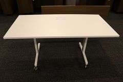 Times 4 - Senator Array 30" x 60" portable white laminate flip top tables with electrical plug ins - 1 power cord runs 4 stations in series