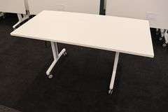 Times 4 - Senator Array 30" x 60" portable white laminate flip top tables with electrical plug ins - 1 power cord runs 4 stations in series