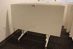 Times 4 - Senator Array 30" x 60" portable white laminate flip top tables with electrical plug ins - 1 power cord runs 4 stations in series