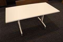 Times 4 - Senator Array 30" x 60" portable white laminate flip top tables with electrical plug ins - 1 power cord runs 4 stations in series