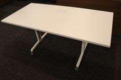 Times 4 - Senator Array 30" x 60" portable white laminate flip top tables with electrical plug ins - 1 power cord runs 4 stations in series