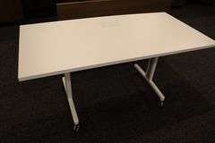 Times 4 - Senator Array 30" x 60" portable white laminate flip top tables with electrical plug ins - 1 power cord runs 4 stations in series