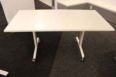 Times 4 - Senator Array 30" x 60" portable white laminate flip top tables with electrical plug ins - 1 power cord runs 4 stations in series