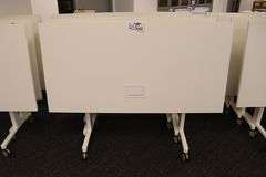 Times 4 - Senator Array 30" x 60" portable white laminate flip top tables with electrical plug ins - 1 power cord runs 4 stations in series