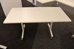 Times 4 - Senator Array 30" x 60" portable white laminate flip top tables with electrical plug ins - 1 power cord runs 4 stations in series