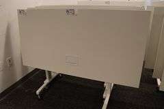 Times 4 - Senator Array 30" x 60" portable white laminate flip top tables with electrical plug ins - 1 power cord runs 4 stations in series