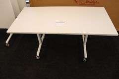 Times 4 - Senator Array 30" x 60" portable white laminate flip top tables with electrical plug ins - 1 power cord runs 4 stations in series