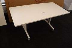 Times 4 - Senator Array 30" x 60" portable white laminate flip top tables with electrical plug ins - 1 power cord runs 4 stations in series