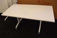 Times 4 - Senator Array 30" x 60" portable white laminate flip top tables with electrical plug ins - 1 power cord runs 4 stations in series