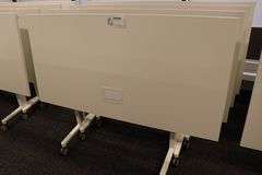 Times 4 - Senator Array 30" x 60" portable white laminate flip top tables with electrical plug ins - 1 power cord runs 4 stations in series