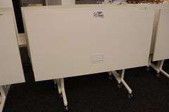 Times 4 - Senator Array 30" x 60" portable white laminate flip top tables with electrical plug ins - 1 power cord runs 4 stations in series