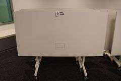 Times 4 - Senator Array 30" x 60" portable white laminate flip top tables with electrical plug ins - 1 power cord runs 4 stations in series