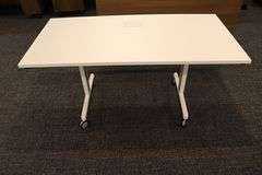 Times 4 - Senator Array 30" x 60" portable white laminate flip top tables with electrical plug ins - 1 power cord runs 4 stations in series