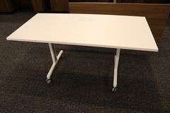 Times 4 - Senator Array 30" x 60" portable white laminate flip top tables with electrical plug ins - 1 power cord runs 4 stations in series