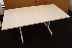 Times 4 - Senator Array 30" x 60" portable white laminate flip top tables with electrical plug ins - 1 power cord runs 4 stations in series