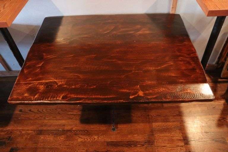 Times 2 - 36" x 48" walnut stained wood top rough sawn edge style dining tables - nice