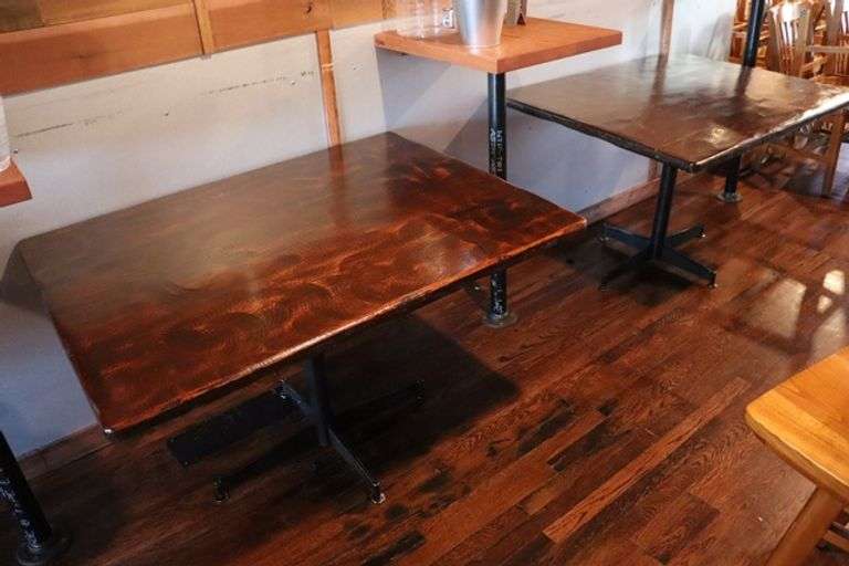 Times 2 - 36" x 48" walnut stained wood top rough sawn edge style dining tables - nice