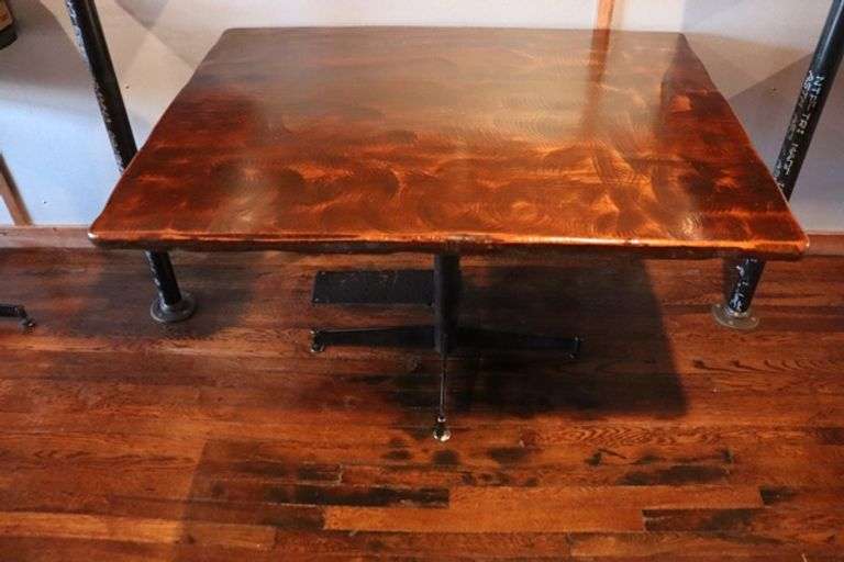 Times 2 - 36" x 48" walnut stained wood top rough sawn edge style dining tables - nice