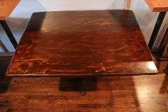 Times 2 - 36" x 48" walnut stained wood top rough sawn edge style dining tables - nice