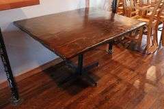 Times 2 - 36" x 48" walnut stained wood top rough sawn edge style dining tables - nice