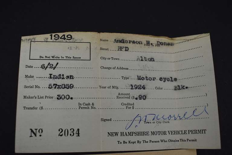 Indian Motorcycle 1949 New Hampshire Motor Vehicle Permit