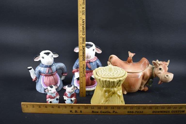 Cow Tea Set Plus Hay Stack and Cow Cookie Jars See Pics For Damage