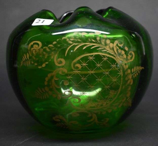 Emerald Green Etched Glass Rose Bowl w/ Gold Paint BHD Auctions