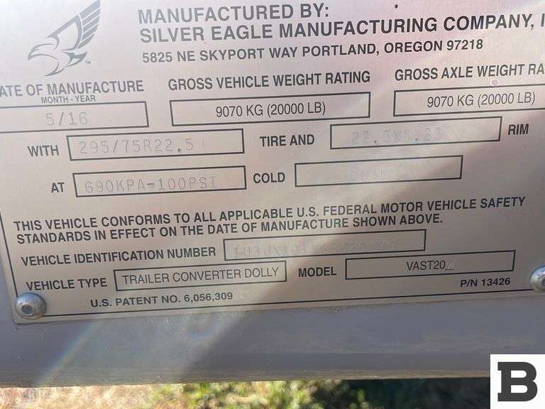 2016 Silver Eagle VAST20W Converter Dolly Booker Auction Company