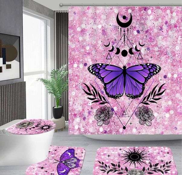 MEHOFOND Pink Ghostface Shower Curtain Set - 4-Piece Halloween Bathroom Decor With Rug, Mat & Toilet Cover