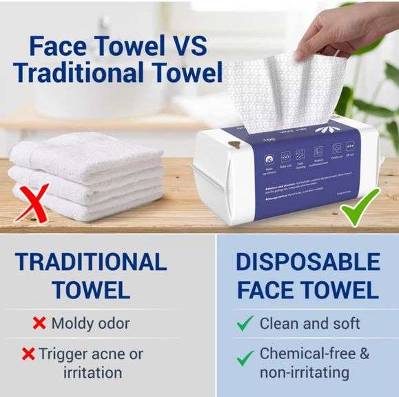 New (lot of 2) Ourmed Life Face Towels, 100 Count Disposable Biodegradable Facial Wash Cloth for Sensitive Skin, Lint- free Facial Tissue for Cleansing, Skincare and Makeup Remover, Dry Wipes