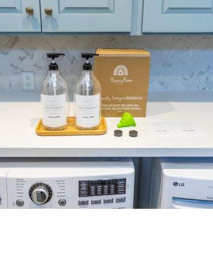 New, Laundry Detergent Dispenser - Fabric Softener Liquid Dispenser for Laundry Room - 64oz Plastic Soap Dispenser, Waterproof Labels, Collapsible Funnel, Extra Labels, Measuring Cup&Bamboo Tray - Set of 2