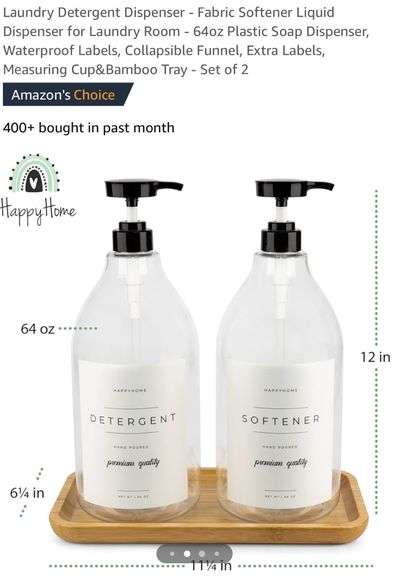 New, Laundry Detergent Dispenser - Fabric Softener Liquid Dispenser for Laundry Room - 64oz Plastic Soap Dispenser, Waterproof Labels, Collapsible Funnel, Extra Labels, Measuring Cup&Bamboo Tray - Set of 2