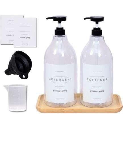 New, Laundry Detergent Dispenser - Fabric Softener Liquid Dispenser for Laundry Room - 64oz Plastic Soap Dispenser, Waterproof Labels, Collapsible Funnel, Extra Labels, Measuring Cup&Bamboo Tray - Set of 2