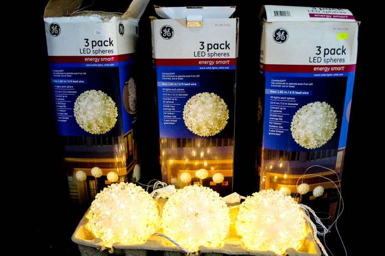 GE LED spheres, warm white lights on 6 ft wire, three boxes. Bunting