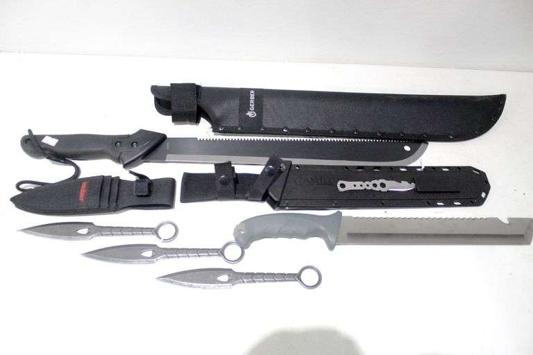 Knives in sheaths Gerber machete, Camillus Carnivore X, Kershaw