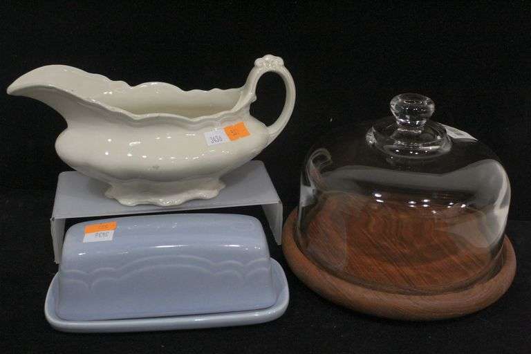 Pfaltzgraff butter dish with lid, Grindley England gravy boat, and