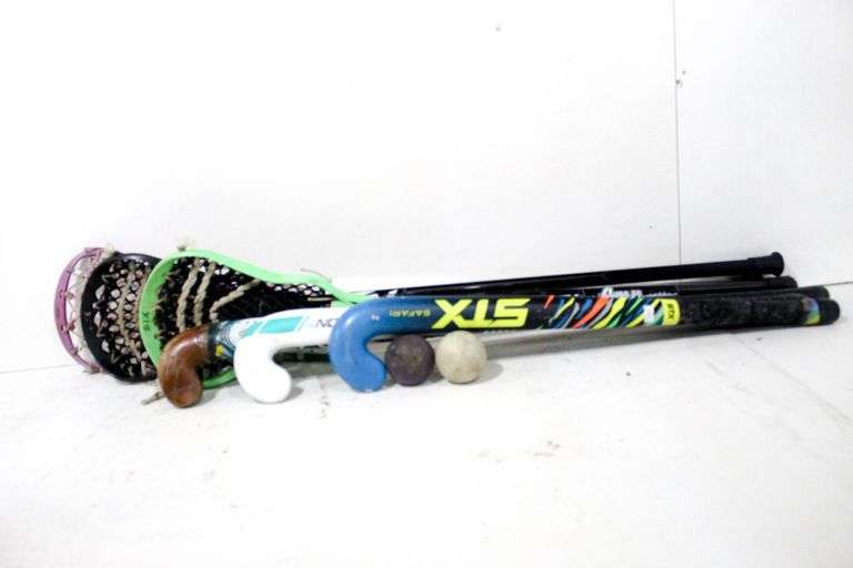 Lacrosse and Field Hockey Sticks , includes two balls. Bunting