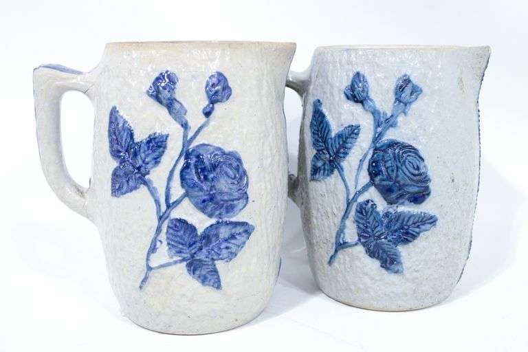 Antique White's Pottery, Utica, New York stoneware jug with allover bark pattern and Flemish